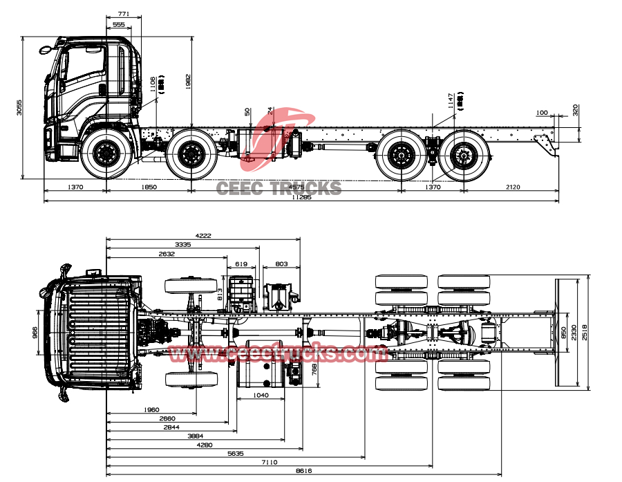 Technical drawing of Isuzu GIGA 8x4 chassis